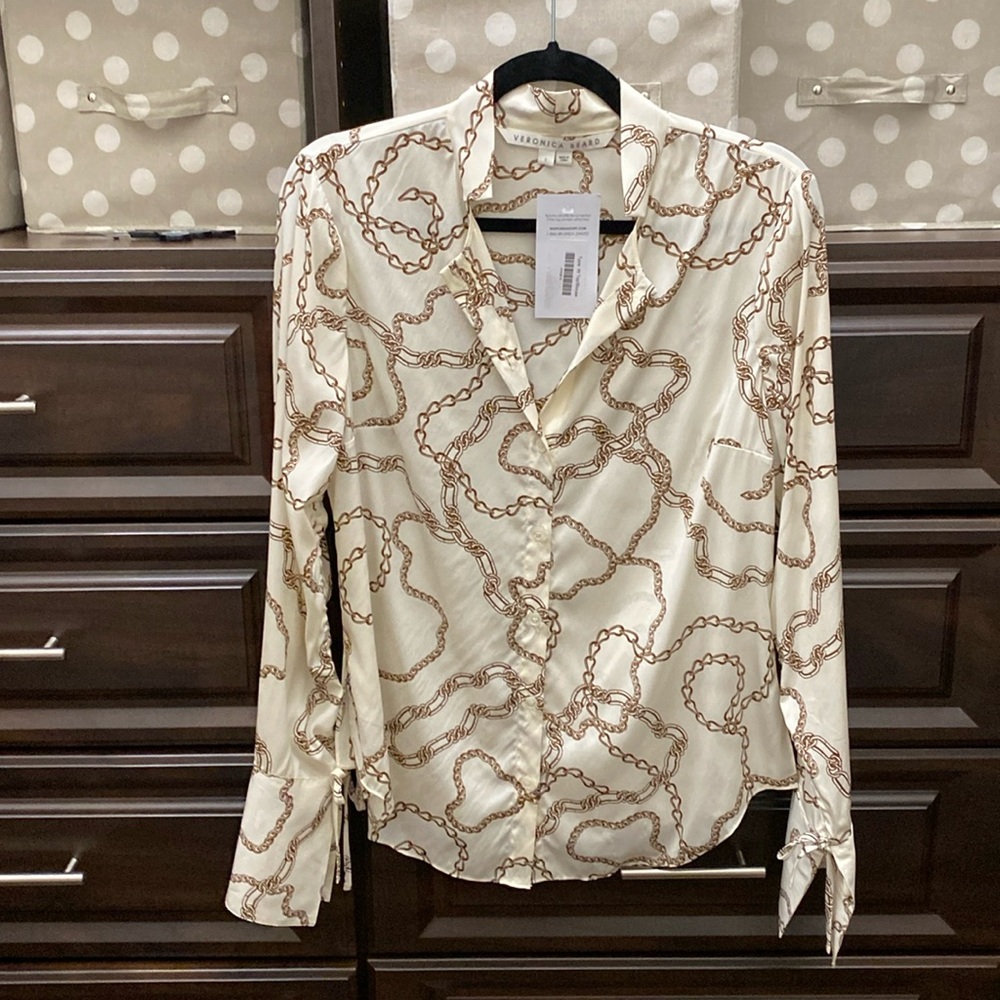 Veronica Beard Cream and Brown Chain Print Blouse